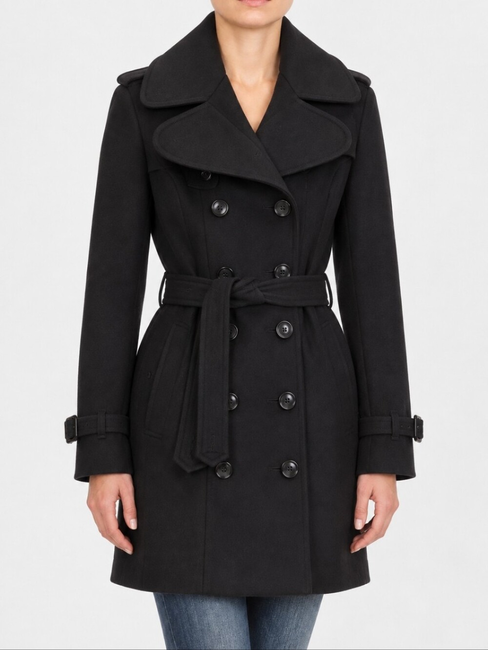 BURBERRY LONDON BLACK VIRGIN WOOL CASHMERE DOUBLE BREASTED BELTED COAT